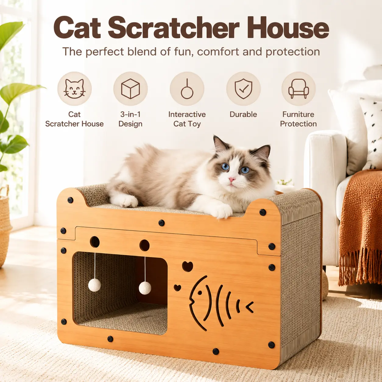 Multi-Function Cat Scratcher House Box, Durable Cat Scratch Pad, Soft Cat Bed, Play Cave with Toys, Cat Scratching Post/Board.Cardboard Cat Scratcher House - Fishbone Cutout, Interactive Cave with Ball Toys, Furniture-Saving Multi-Surface Scratching Bed