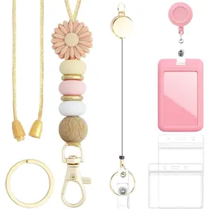 Cute  Beads Lanyard Set for Teacher,Breakaway Lanyard with Smooth Metal Badge Reel & Clip,with Three ID Card Holders for Students Worker Employees (Light  Daisy)