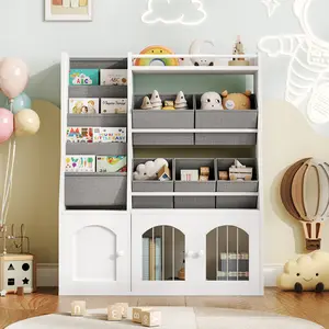 HOOBRO Kids Toy Organizer with 5 Fabric Bins and 5-Tier Hanging Rack, Toy Storage with Elastic Doors and Guardrail, Bookshelf for Playroom, Nursery, Classroom, White and Gray