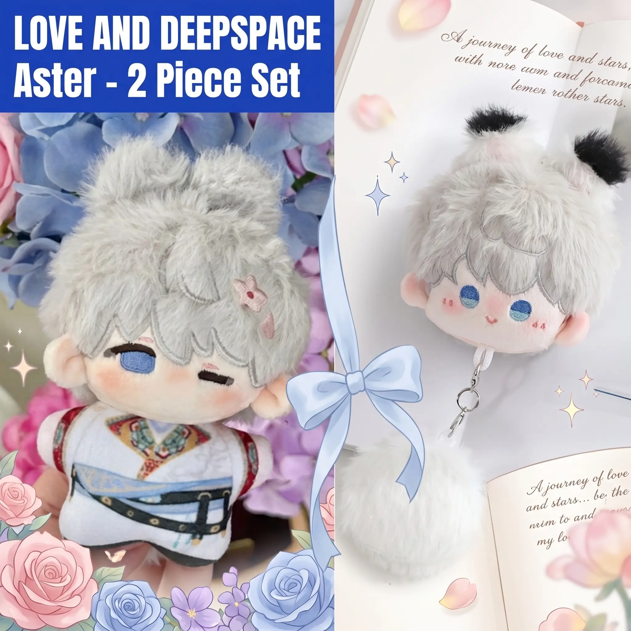 2pcs, Love and Deepspace Anime Merch Plush Doll + Cute Plush Keychain Accessory, Collectible Stuffed Character Figure, Premium Soft Toy - Keychain Bag Car Charm, Desk Shelf Room Decor, Birthday Christmas Valentine Party Gift for Anime Fans Teens