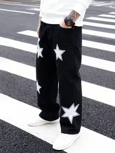 Men's Solid Color American Streetwear Style Embroidered Star Denim Jeans, Loose Casual Jeans for Daily Wear and Outdoor Activities Pants Loose Denim Pockets