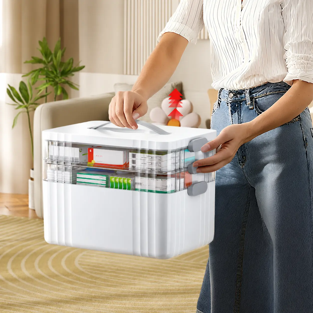 7CODE 3-Tier Large Capacity Medicine Organizer Storage Box with Removable Trays - Lockable Portable First Aid Pill Case with Carry Handle for Home, Travel - Divided Compartments for Convenient Organization