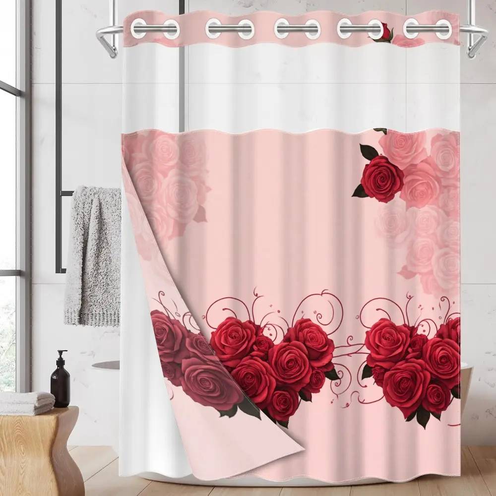 1pc hookless shower curtain with buckle lining, spring pink rose vine design, 2D flat printing, fabric waterproof lining, see-through double-layer shower curtain, 71 x 74 inches, Floral Shower Curtains For Bathroom