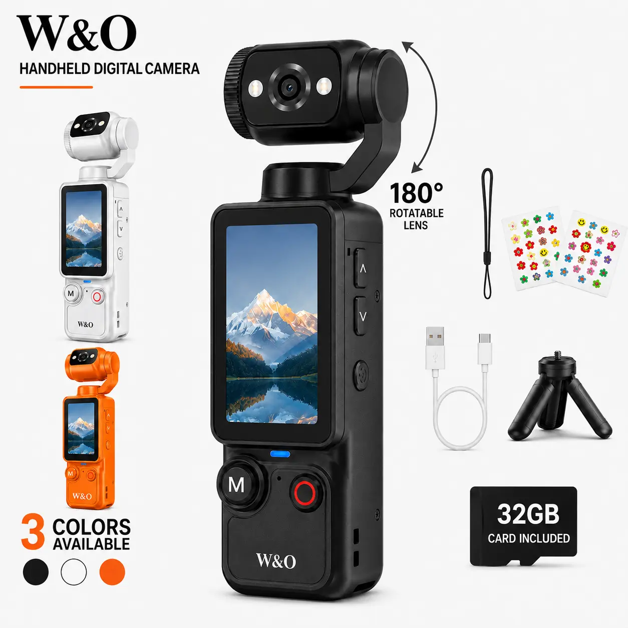 W&O Q7 Portable Handheld Digital Camera with 180° Rotating Lens, Autofocus, 1.9" Screen, 32GB Memory Card and Mini Tripod, USB-C Rechargeable Camera for Travel, Selfies and Daily Recording
