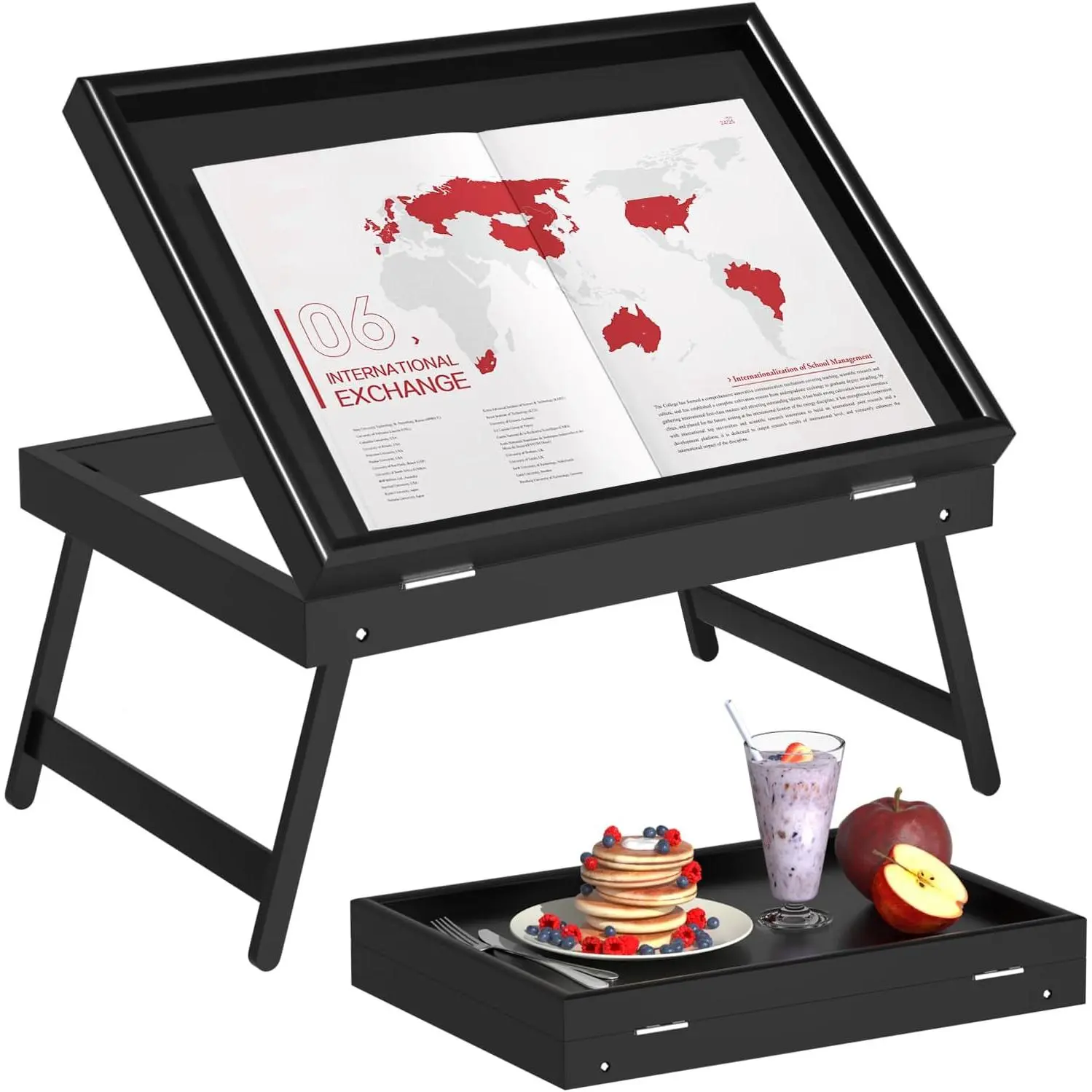Bed Tray Table Breakfast Food Tray with Folding Legs Serving Tray for Laptop Desk, Sofa, Platters, TV, Snack, Eating Tray (Black, Medium)