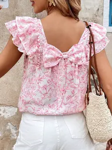 Summer Elegant Ditsy Floral Ruffle Short Sleeve Top with Back Bow Square Neck, Women's Feminine Casual Chic Fashion Blouse Shirts, Perfect for Daily Wear, Womenswear
