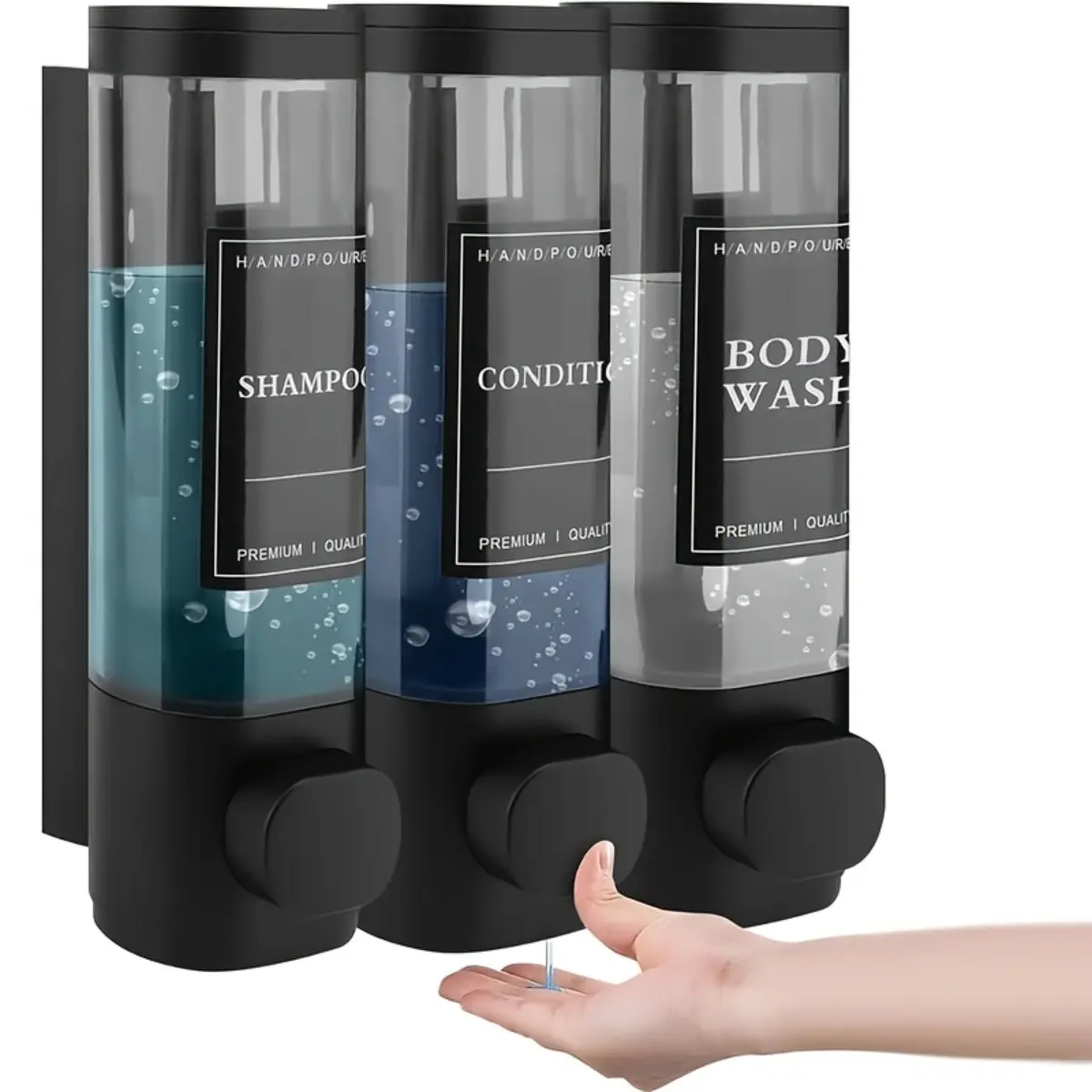 3-Chamber Wall Mounted Plastic Soap Dispenser, Shampoo Conditioner Body Wash Toiletries Pump Dispenser, No Drilling ABS Refillable Bathroom Dispenser, Large Capacity Leak Resistant Liquid Organizer for Home, Hotel, Restaurant, Kitchen