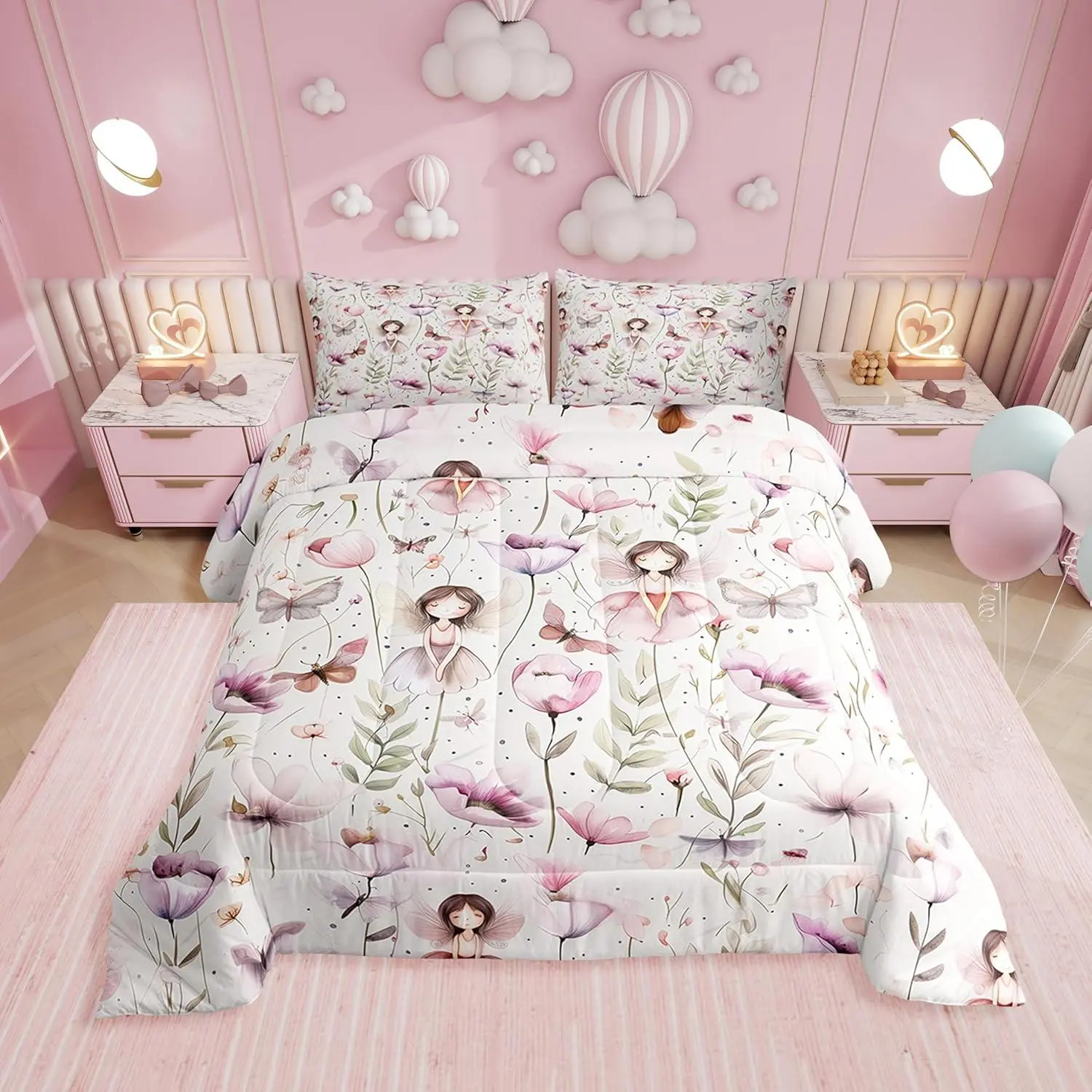 Fairy Garden Bedding Set - Butterfly & Floral Comforter Set,Purple Pink Flower Butterflies Bed Set | Whimsical Fairies Room Decor