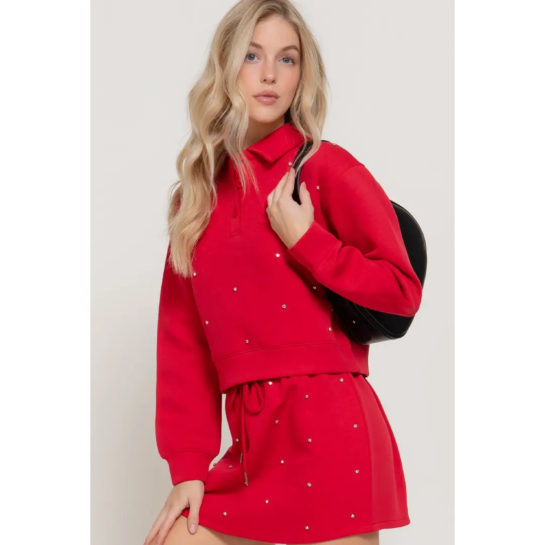 Long Slv Embellished Scuba Polo Top