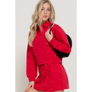 Long Slv Embellished Scuba Polo Top