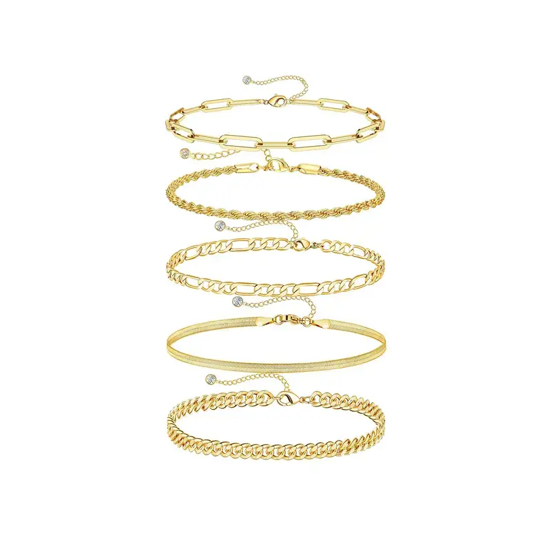 5PCS Waterproof 14K Real hypoallergenic Gold Jewelry Set for Women – Trendy Thin Dainty Stackable Cuban Link, Paperclip Chain Bracelet Pack, Fashion Accessories Gifts for Women non-tarnish Christmas Gift, Elegant Jewelry Bracelet, Gold Bracelet