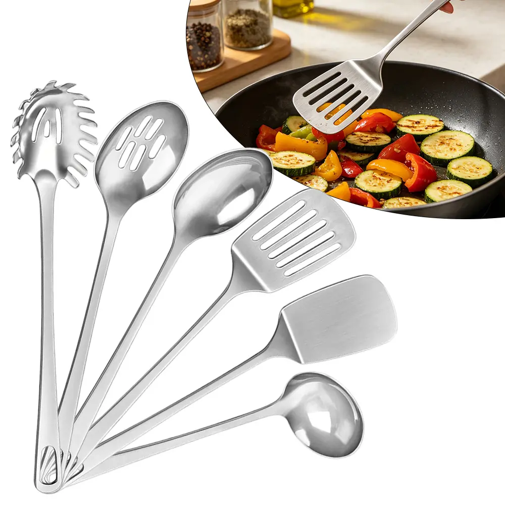 6Pcs Stainless Steel Metal Camp Kitchen Utensil Set - Heat-Resistant Long Handle Cooking Tools, Nonstick Safe Spatula Spoon Ladle for Pasta, Wok, Egg Prep in Camping & Hiking, Eggs, Hanging, Turner