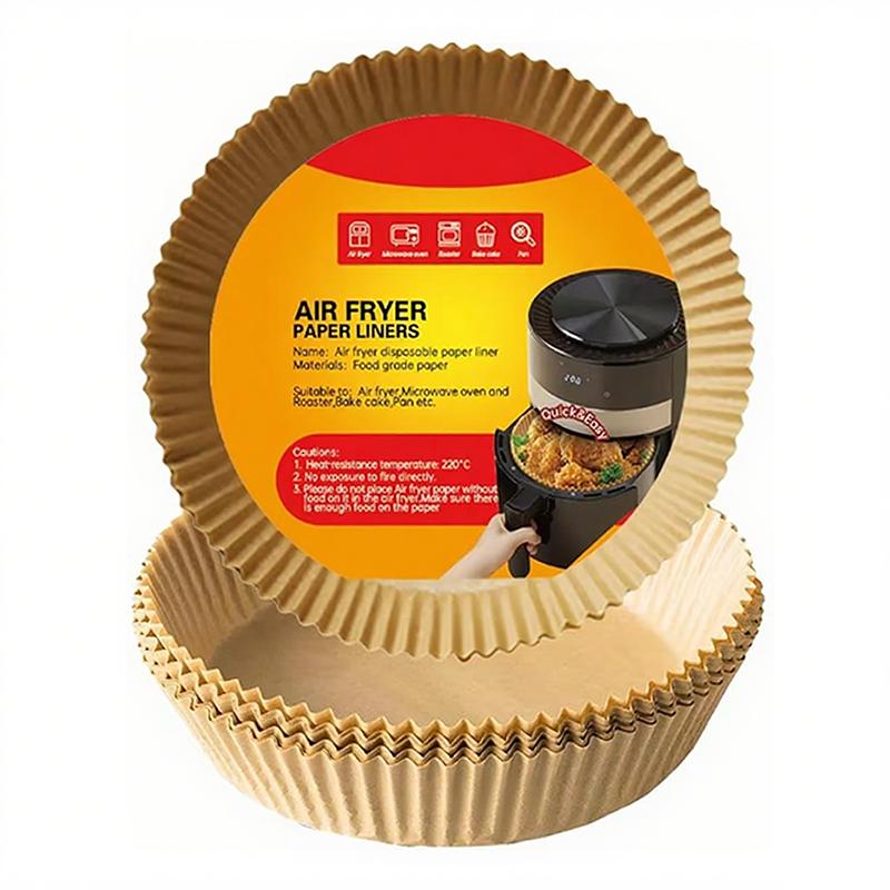Disposable air fryer liners, 50 pcs [food-grade material]. Unbleached parchment paper liners—nonstick, waterproof, and oilproof—for 5–8 qt air fryer baskets, baking, roasting, microwave, and oven.