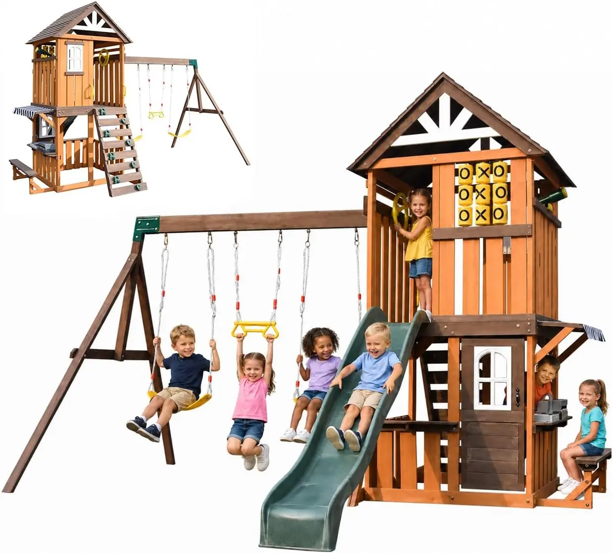 QWTRDFCedar Wood Swing Set with Slide,Rock Wall,Belt Swings,Tic-Tac-Toe, Play Kitchen for Kids Backyard Outdoor