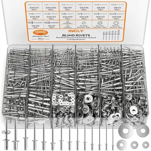 INCLY 1000Pack Aluminum Pop Rivets Assortment Kit, 14 Sizes Pop Rivets (3/32" 1/8" 5/32" 3/16" 1/4") with 5 Size 304 Stainless Steel Backup Washers, Assorted Blind Rivets for Metal with Storage Case