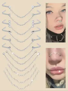 Stainless Steel Cz Nose Chain Piercing, 20g L Bone Shaped Nose Ring Chains for Women, Cz Nose Studs with Chains, Nostril Piercing Jewelry, Nose Piercing Kit