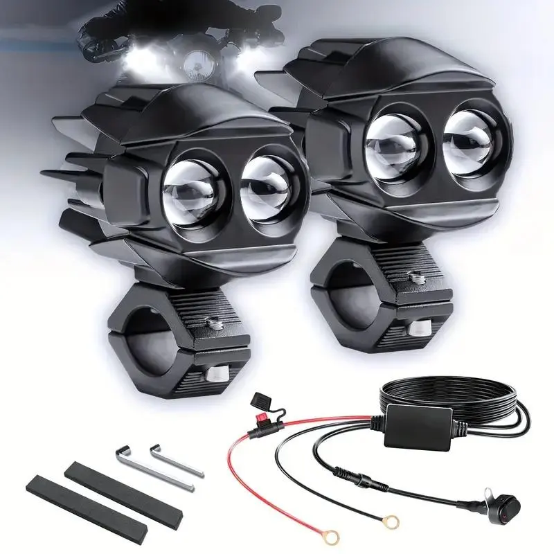 2 Motorcycle Auxiliary LED Pod Lights Kit - Super Bright, Cooling, Aviation-Grade Aluminum Housing, Vibration-Dampening Pads, Clamp Brackets, 6 Modes, Turn Signal, 1 Premium 2-Lead Wiring Harness, Customizable for Sur-Ron & E-Moto Adventure Bikes