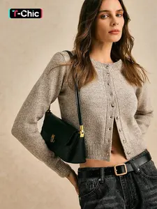 Women's Plain Minimalist Fitted Crop Sweater Cardigan, Casual Long Sleeve Ribbed Button Front Cardigan for Daily Wear, Ladies Knitwear Fabric for All Seasons, Tops, Womenswear