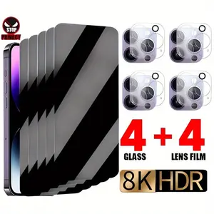 8-in-1 4 Pack iPhone Tempered Glass Screen Protector Protective Accessories with Camera Lens Protection Anti-Spy Durable Scratch-Resistant for 11 12 13 14 15 16 Pro Max Models