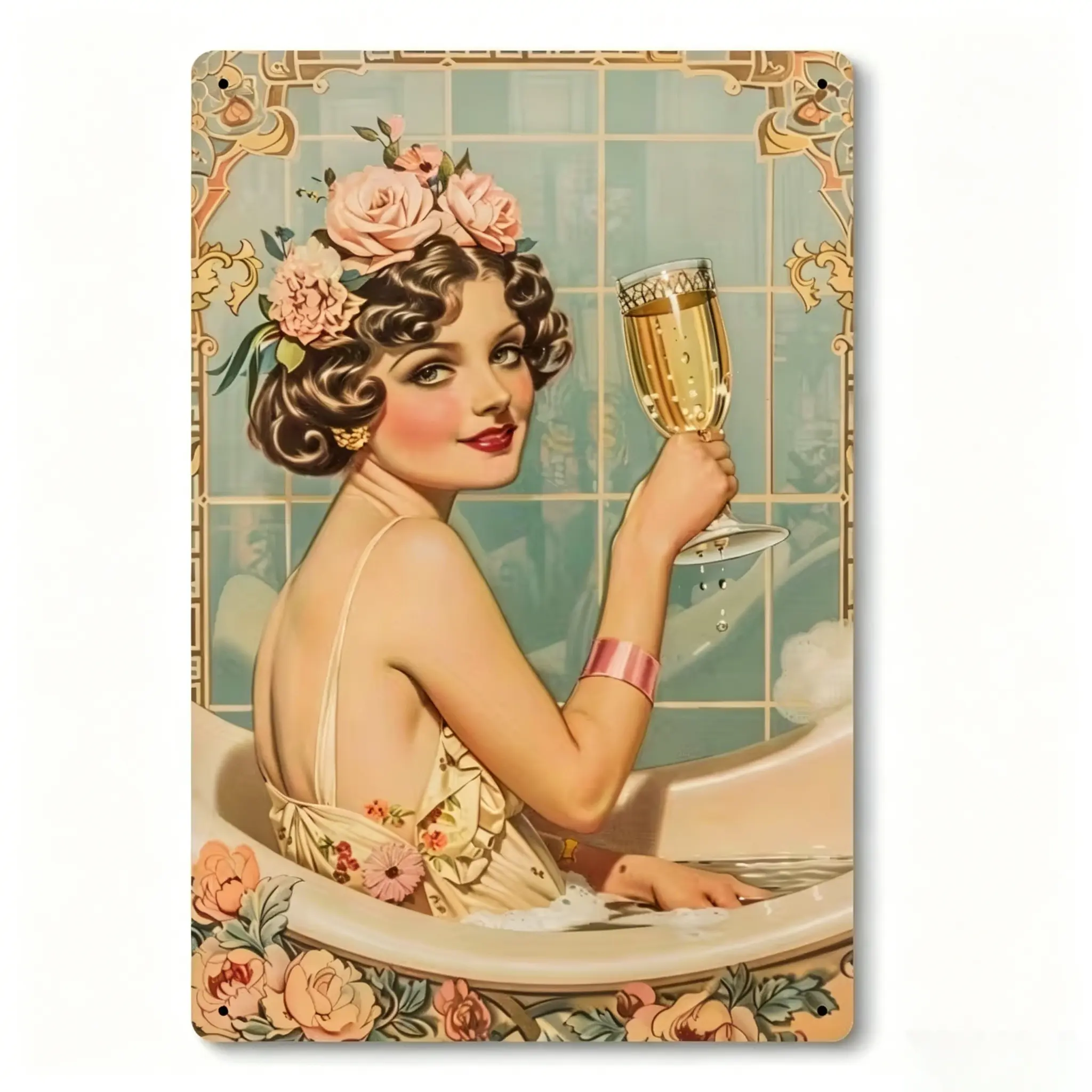 Vintage 1920s Flapper Pinup Woman Bathtub Champagne Rose Print Metal Tin Plaque, Aesthetic Wall Decor, Floral Charm Home Sign, Wall Mount Bathroom Shabby Chic Art, Women’s Anniversary Gift, Floral Charm Home Signs