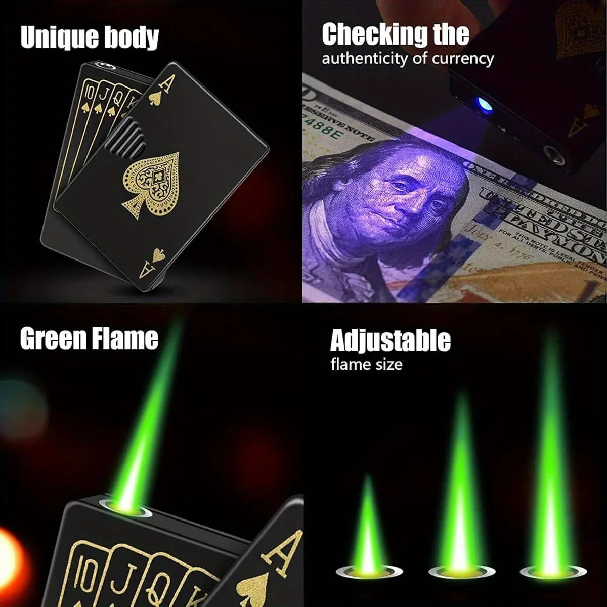 Black Windproof Jet Torch Lighter - Ace Card Design, Green-Red Flame, Refillable Butane, Outdoor Camping Use, Gift Option (Butane Not Included), No, Hiking / Light Outdoor