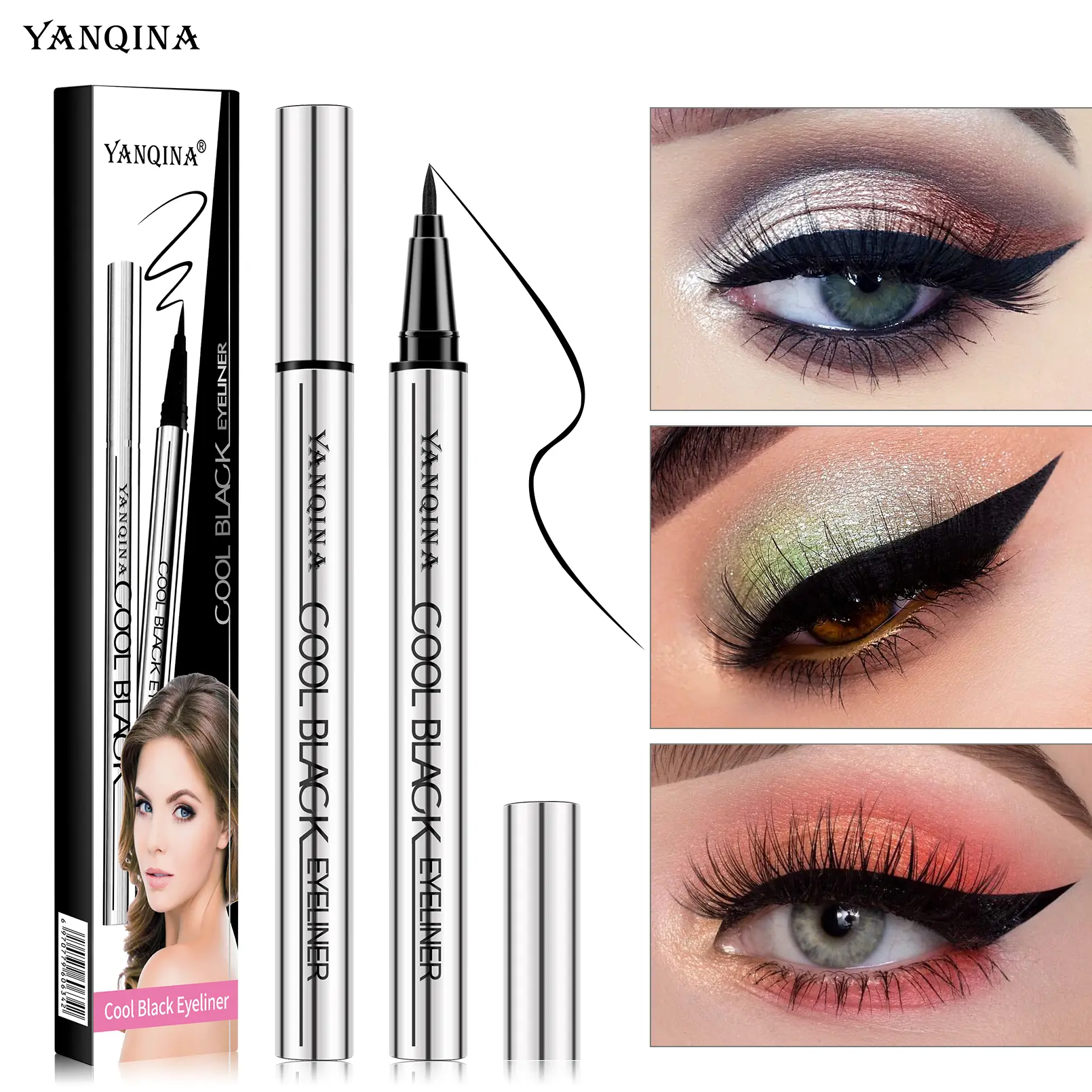 Black Quick-Dry Liquid Eyeliner Pen - Smooth-Glide Fine Tip, Waterproof, Smudge-Proof, Longwear Cosmetic for Beginners, Includes Lipliner Compatibility Note