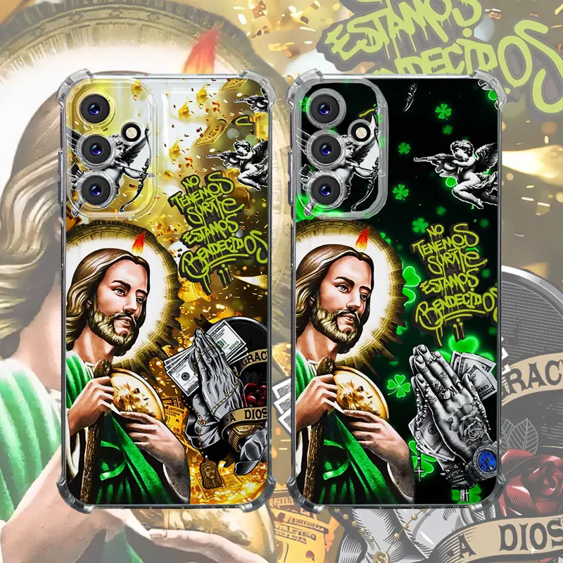 San Judas Tadeo Graffiti Art Design Showcase Your Faith Good Fortune Aesthetic TPU Casing For SAMSUNG GALAXY A14A15A16A25A26A34A35A36 4G 5G IPHONE 17 Four Corners Transparent Soft Silicone TPU Gift Shockproof Anti-Drop premium beautiful Phone Cases L1788