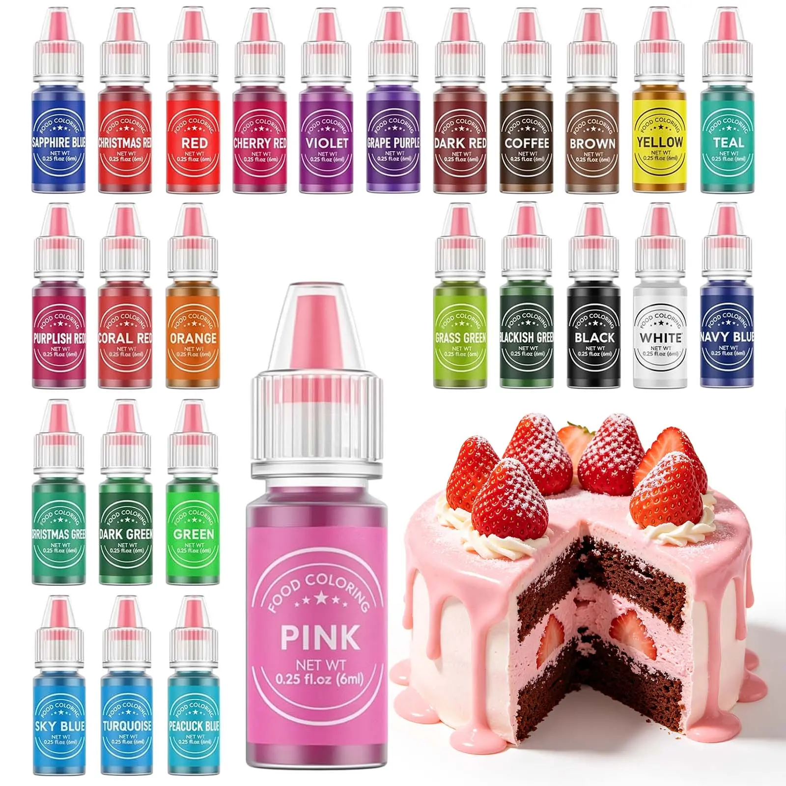 26 Edible Liquid 0.25 Fl oz/Bottle Set Food Coloring Ultra Vibrant Food Grade for &Childrens' Day Easter Christmas Baking Supplies Icing Fondant Cookies DIY Dessert Decorating