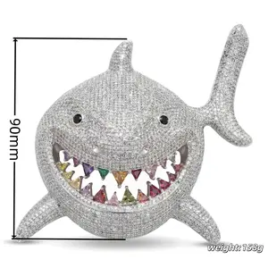 ⑤③SPACEICE Iced Out CZ Big Shark Pendant with Colorful Teeth - Cubic Zirconia Hip Hop Jewelry for Men & Women
