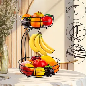 2 Tier Countertop Fruit & Vegetable Basket Bowl Storage with Banana Hooks, Kitchen Counter Fruit Basket - Fruit Basket with Banana Hooks - Double Metal Wire Fruit Bowl For Kitchen Worktops - Fruit Stand