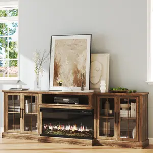 【2 Packages Shipping】 98" Farmhouse TV Stand with 36" Fireplace for TVs up to 100", Media Entertainment Center with Adjustable Shelves and Large Storage Cabinets, for Living Room, White & Black