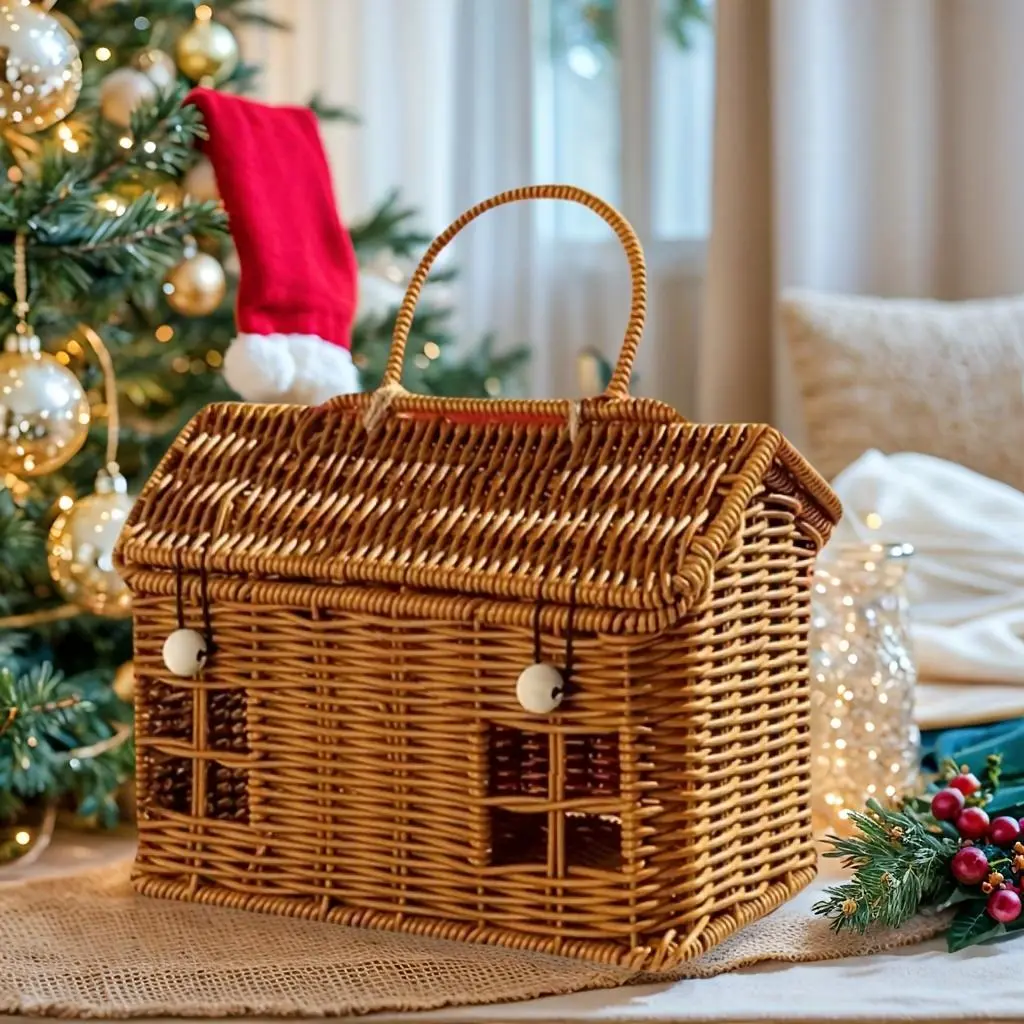 Handmade House-Shaped Basket with Lid, Handmade Rattan Baskets, Party Candy Storage, Gift Box, Desktop Organization, Farmhouse Style Home Decor, Decorative Storage, All Seasons