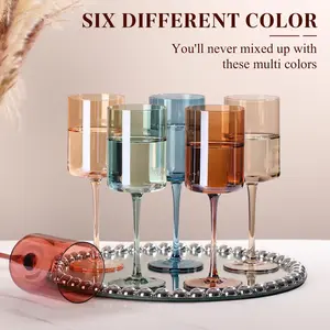 Multi Colored Square Wine Glasses Set 6-14oz with Tall Long Stems - Drinkware wine  glass stem  ware