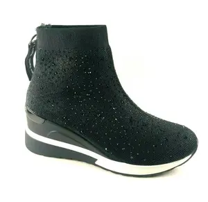 Renato Garini 34-21EX210B Black Mid Wedge High Top Embellished Sneaker with Back Zip Closure & Wedge Heel for Women
