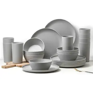 24-Piece Dinnerware Set, Service for 8, Unbreakable Plates and Bowls Set, BPA-Free, Dishwasher Safe, Gray Tableware for Kitchen, Party and Picnic