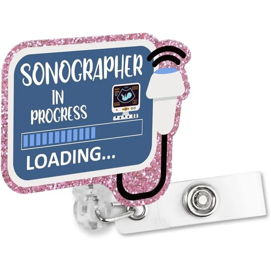 Retractable Glitter Irregular Badge Reel with Clip, Funny Badge Holder for Sonographer-in-Progress Healthcare Workers, Ultrasound Technicians, RDMS Maternity Nurses, Healthcare Worker
