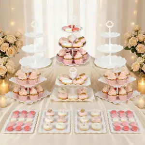 10-piece party dessert stand, 3 round three-layer dessert stands, 3 square two-layer dessert stands + four dessert trays. Suitable for birthdays, weddings and other parties. Organiser Racks