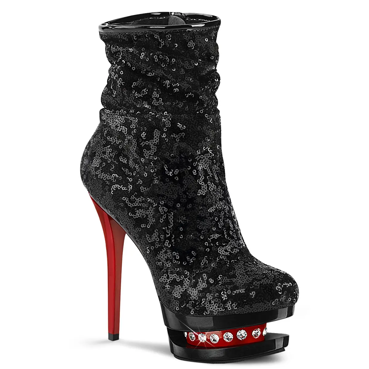 Women's Sequined Ruched Ankle Boots - 6" Heel, 1.5" Red Rhinestone Platform, Side Zip Closure, Ankle Length Statement Footwear, Sequins, Statement Shoes, Rhinestones, Side Zip Inner