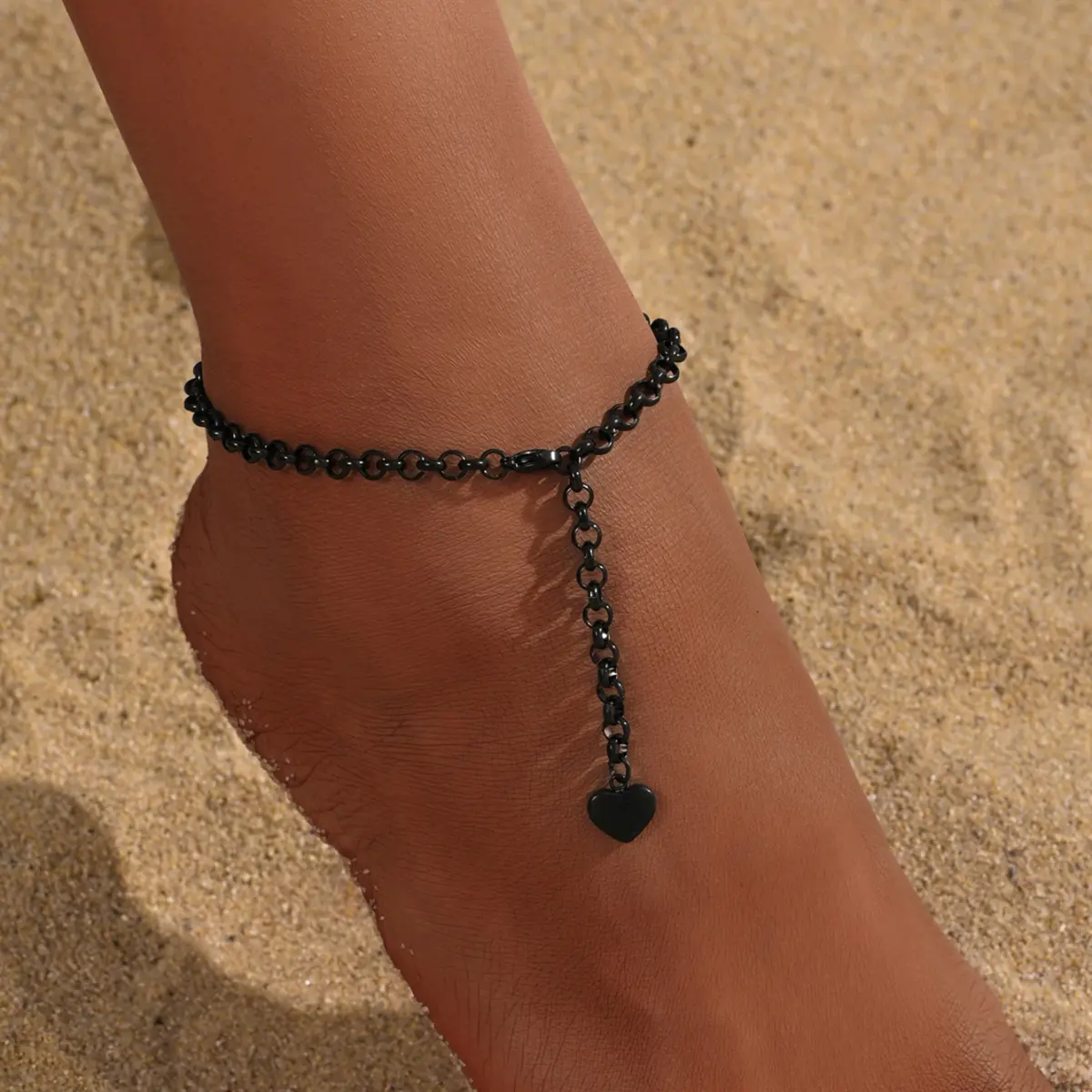 Women's Stainless Steel Black Heart Fringe Anklet - Black Heart, Chain Style, Metallic, Statement Anklets, Summer Hip-Hop Fashion Accessory for Daily, Beach Wear, Black Heart Anklets, Chain Style Anklets