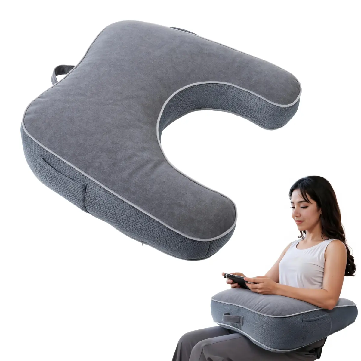 Multi-Use Arm Support Pillow, Ergonomic U-Shaped Cushion for Reading, Gaming, Working & Crocheting, Grey Linen Blend Lap Pillow with Side Pockets
