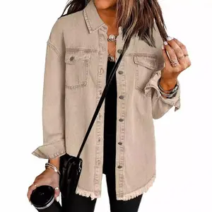 Women's Button Up Frayed Hem Shacket Long Sleeve Pockets Denim Jean Jacket