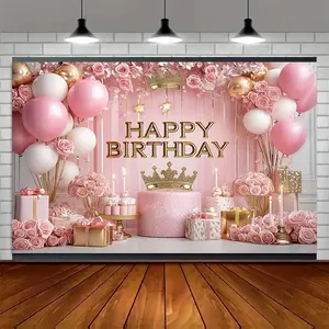 Pink Golden Birthday Backdrop Balloon Rose Party Background Cloth Elegant Birthday Tapestry Wall Hanging Photography Background Polyester Fiber Anniversary Celebration Social Media Event Decor Studio Prop Photo Booth Setup