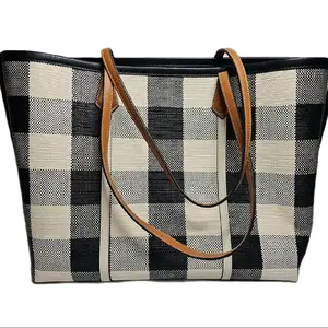 Tory Burch Tote - Black and White Checkered Design with Brown Handles