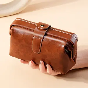 Retro Frame Oil Wax Leather Wristlet for Women Large Capacity Waterproof Coin Purse & Makeup Bag Handheld Clutch Pouch for Lipstick Cards & Everyday Essentials Zip Around Wristlet