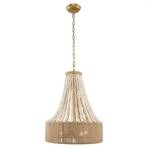 PARROT UNCLE 4-Light Golden Farmhouse Dry Rated Chandelier with Natural Wood Beads & Gold Metal Base for Modern Home Decor lighting