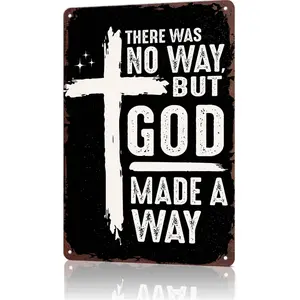 "God Made A Way" Cross Aluminium Metal Sign, 8x12 in Vintage Plaque, Inspirational Christian Home Decor for Home & Church