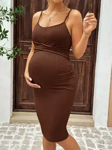 DAISY x Maternity Summer Casual Solid Color Fitted Camisole Dress Pregnancy Dress Brown Maternity Dress Brown Ribbed Dress Brown Bodycon Dress Ribbed Maternity Dress