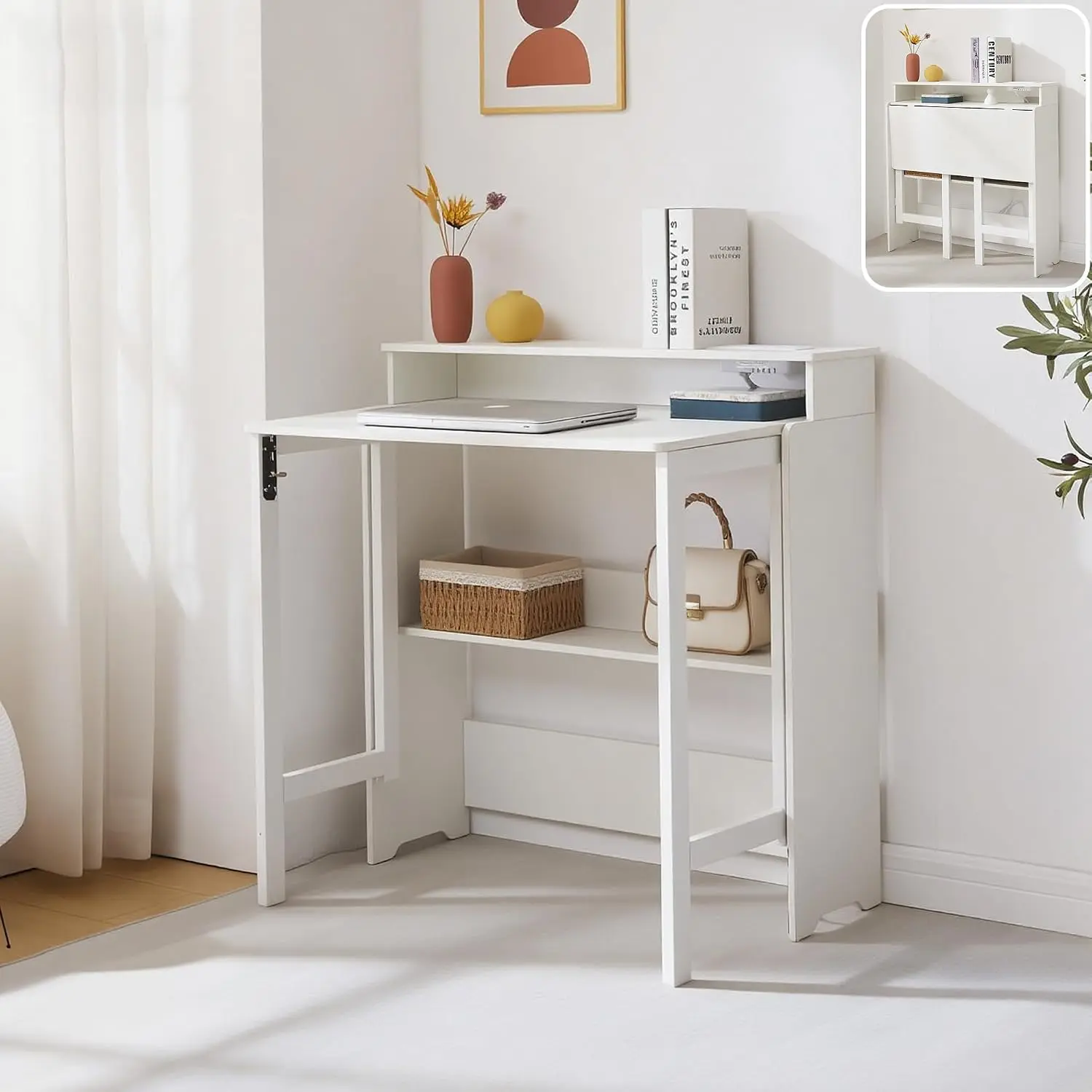Fold Out Desk with Power Outlets, Small Foldable Table with Storage Shelf,Space-Saving Hidden Desk for Bedroom, Living Room & Office