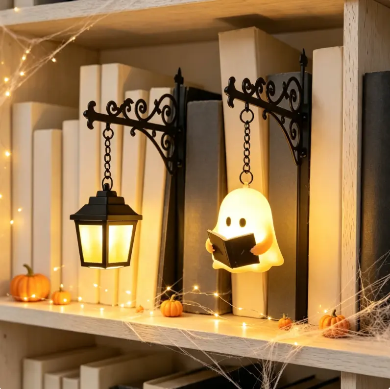 Ghost Library Lantern Decorative Bookshelf Lighting, 1PCS | Halloween Vintage Reading Book LED Nightlight, Hanging Library Insert Panel, Novel Lover Gift, Halloween Study Room Decor