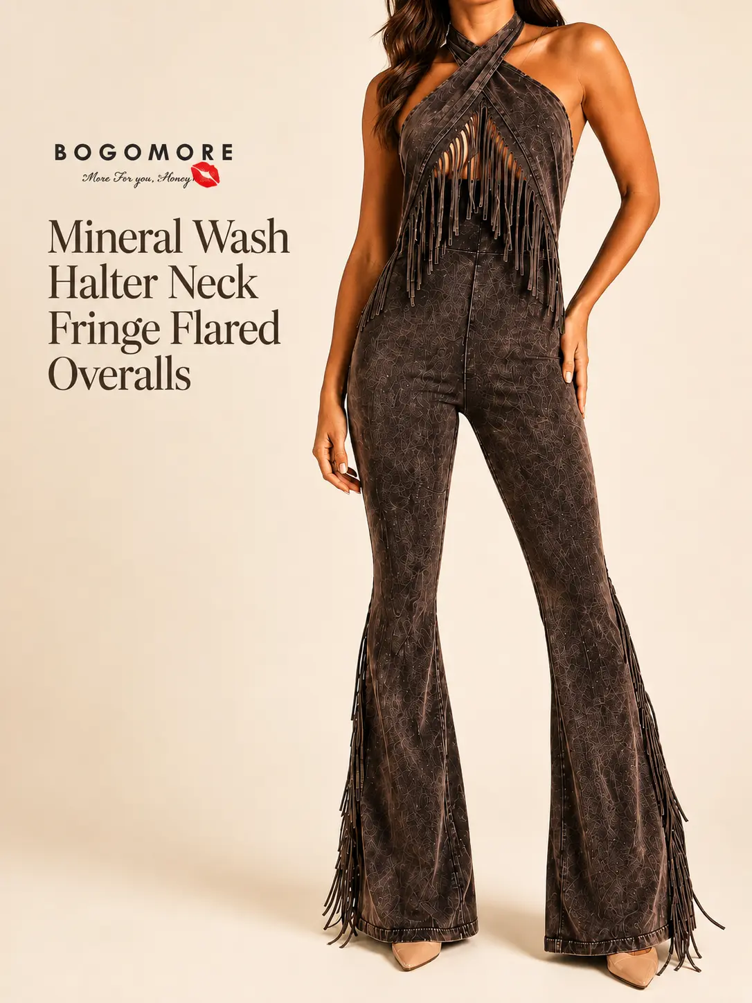 Women’s Sleeveless Mineral Wash Halter Neck Fringe Flared Overalls - Open-Back Stretch Garment, 95% Cotton 5% Spandex, Western Cowgirl Festival Style Outfit Fabric Womenswear